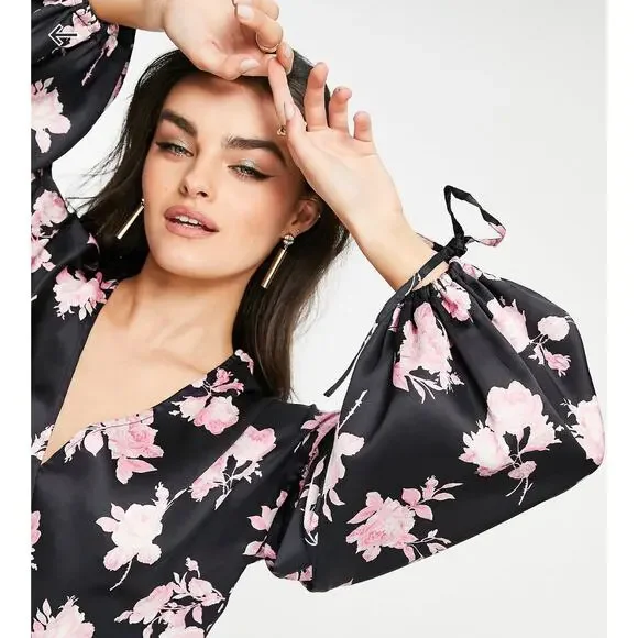 ASOS Satin Floral Oversized Dress Size 10 Black Multicolored - Picture 6 of 10
